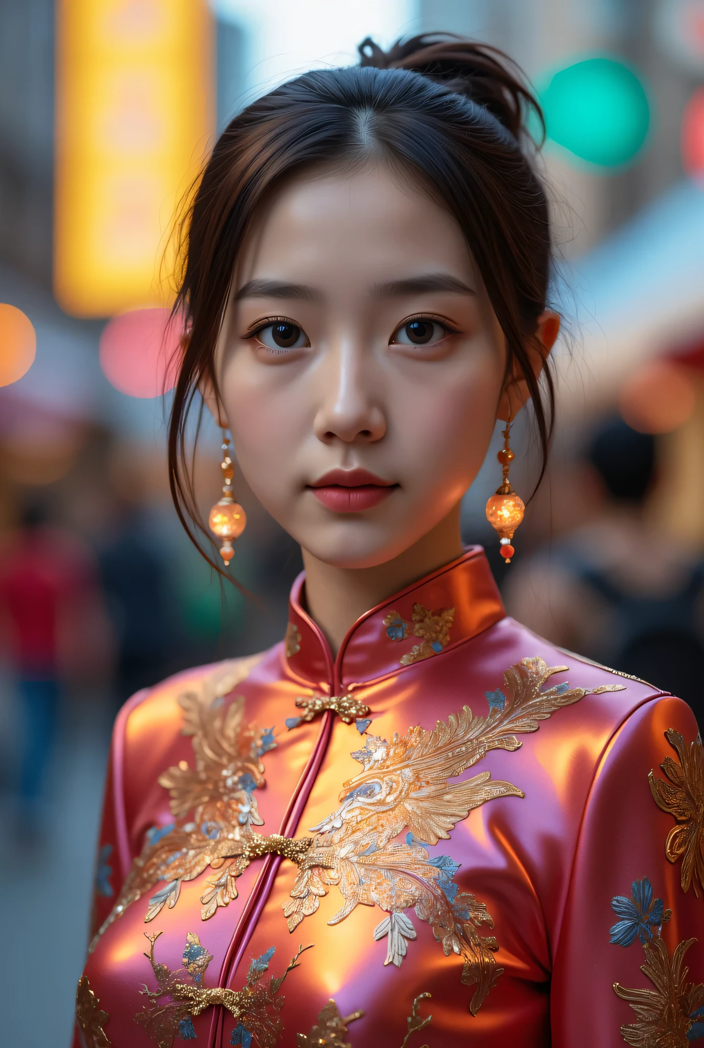 (Very beautiful cute girl), (very cute face:1.2),12 yo, (sparking crystal clear attractive large eyes), beautiful detailed eyes, Detailed double eyelids, (smiling), (realistic photograph:1.2), long straight hair,Super shiny metallic gorgeous vivid colored latex long sleeves cheongsam, chinese phoenix pattern design cheongsam, Costume lighting,in the street