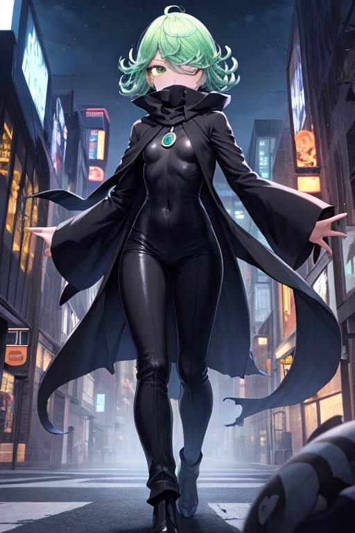 Masterpiece, best quality, ultra detailed, illustration, lighting epic, cinematic composition, 1 girl, Tatsumaki, short hair, green hair, very small breasts, green eyes, bright eyes, blushing, piercing gaze, full body, black scarf, bandage covering his mouth, 1 scratch on his right eye, pointy hood, torn black coat that covers everything, baggy sleeves, tall, thin, torn sleeves, white marks on his coat in a zig zag pattern, black fingers, black wristbands with white circles, black tentacles coming out of his coat, warlock, brooch with an eye symbol on his coat, black baggy pants, black boots, floating through the city, city background, night, anime
