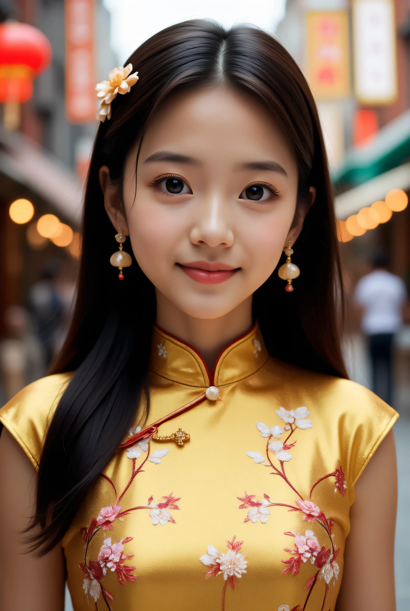 (Very beautiful cute girl), (very cute face:1.2),12 yo, (sparking crystal clear attractive large eyes), beautiful detailed eyes, Detailed double eyelids, (smiling), (realistic photograph:1.2), long straight hair,Super shiny metallic gorgeous gold long sleeves cheongsam, flowers pattern design cheongsam, Costume lighting,in the street