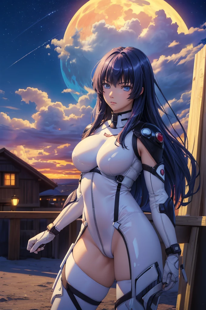 (masterpiece, highres, best quality:1.3), 8K, highly detailed, intricate, colorful, vibrant image, sharp focus, hentai, 4K, (masterpiece, best quality), 1girl,  Shion, white bodysuit, skindentation, tight bodysuit, outdoors, night, sky, moon, clouds,