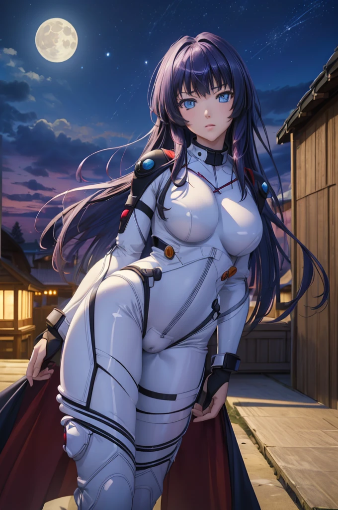 (masterpiece, highres, best quality:1.3), 8K, highly detailed, intricate, colorful, vibrant image, sharp focus, hentai, 4K, (masterpiece, best quality), 1girl,  Shion, white bodysuit, skindentation, tight bodysuit, outdoors, night, sky, moon, clouds,