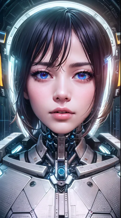 a cyborg woman, beautiful detailed eyes, detailed beautiful lips, extremely detailed face and skin, long eyelashes, futuristic c...