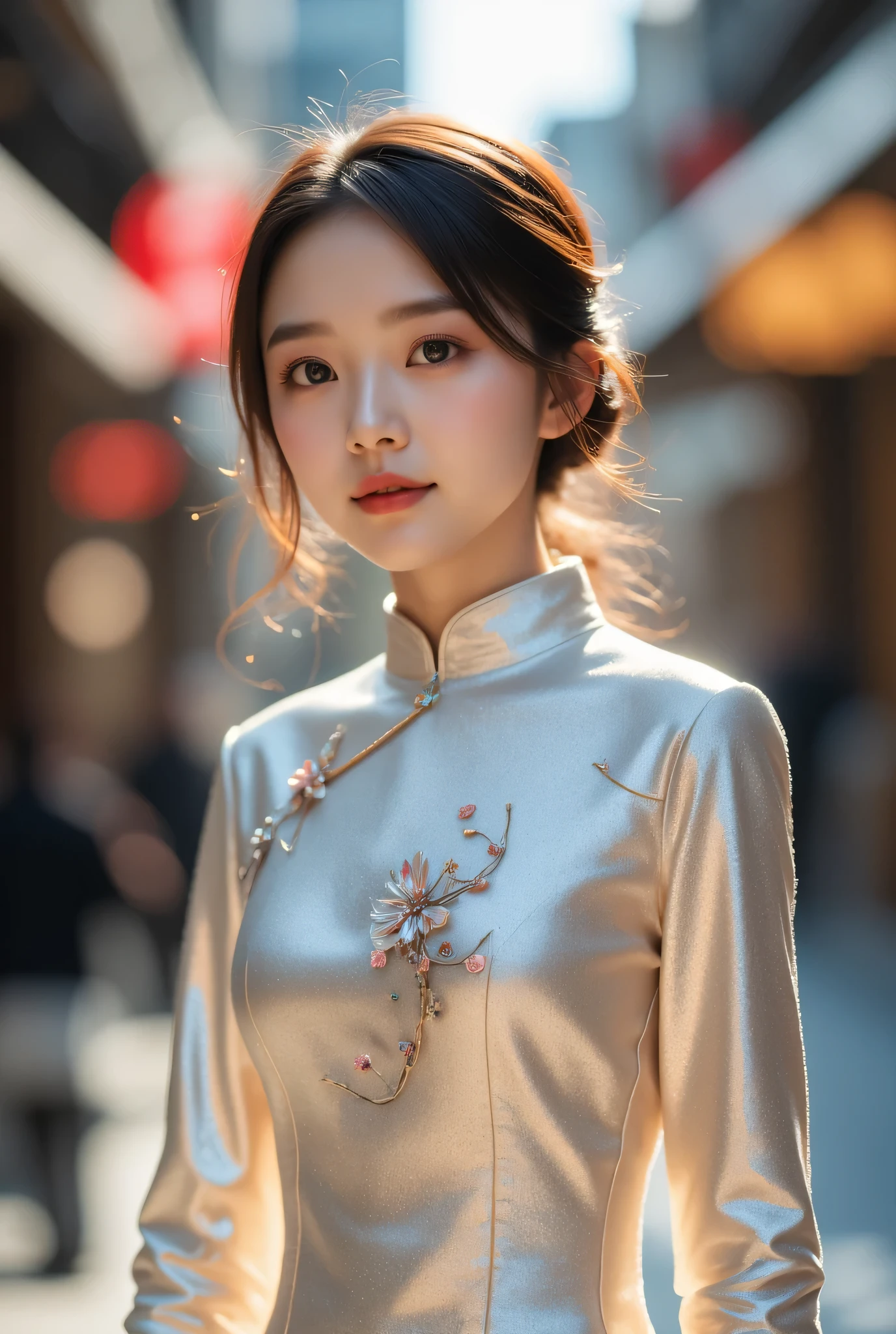 (Very beautiful cute girl), (very cute face:1.2),12 yo, (sparking crystal clear attractive large eyes), beautiful detailed eyes, Detailed double eyelids, (smiling), (realistic photograph:1.2), Super shiny metallic silver gorgeous long sleeves cheongsam, flowers pattern design cheongsam, Costume lighting,in the street,walking,costume with smooth and strong reflective surfaaces,(baby face:1.1)