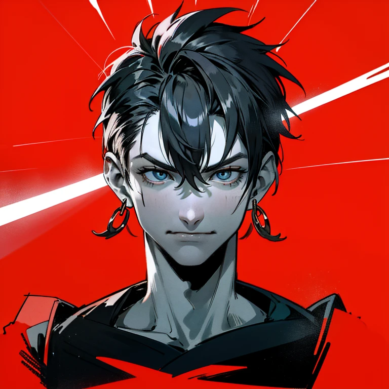 The illustration shows a male character with a bold and striking style.. Her short hair, Pointed and black, it has a distinctive sheen that seems to catch the light in a dramatic way., adding intensity to your expression. The bright red background color contrasts sharply with the dark, cool tones of her skin., which is noticeably greyish, giving a mysterious and almost supernatural air. His eyes are particularly prominent., One of them is a deep red that seems to shine., while the other is a darker shade, as if he had a tattoo under his right eye, which adds a touch of rebellion and strength.

His mouth shows a sinister and confident smile, with fangs suggesting a vampiric touch or perhaps some other kind of supernatural being. He wears small hoop earrings in both ears., giving it an urban and contemporary feel. The choice of the red background suggests intensity and danger., complementing the wild and fierce nature of the character.

The focus on his face and aggressive expression reinforce the idea that this character is a dangerous and fearsome individual.. Dark tones, along with the background glow, They create a play of light that enhances the shadows, giving it an almost three-dimensional appearance. The cut of the drawing from the shoulders up also focuses all the attention on his facial expression and the detail of his fangs., making it clear that he is a dominant and reckless character.

This character seems designed to impact visually, with elements that reinforce their individuality and power, transmitting a strong and determined personality.

Close-up portrait, an ultra detailed face, portrait taken from the shoulders up.