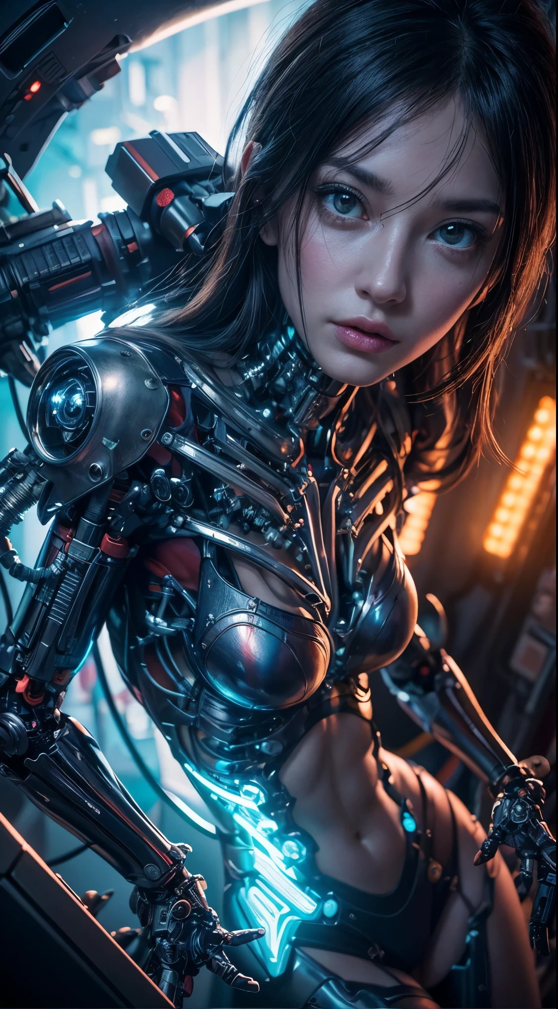 full body, Plano general, anatomically correct, a cyborg woman wires terminals circuits, hiperrealistic, clear,(Better quality,4k,8K,High resolution,masterpiece:1.2),Ultra detailed,sharp focus,(realistic,photorealistic,photo-realistic:1.37), beautiful detailed eyes, detailed beautiful lips, Extremely detailed face and skin, long eyelashes, futuristic cybernetic implants, bright energy effects, intricate mechanical details, neon lights, dark sci-fi atmosphere, Cinematographic lighting, arte digital, muted color palette, dramatic shadows, fotorrealistic, 8K, highest quality, masterpiece