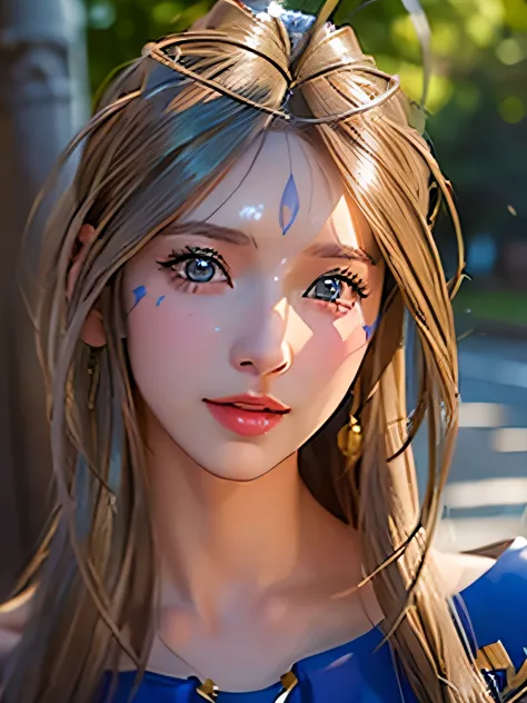 (masterpiece, best quality:1.4), (close up), 1girl, solo, (european youth:1), belldandy, belldandy_blue_dress, goddess face symb...