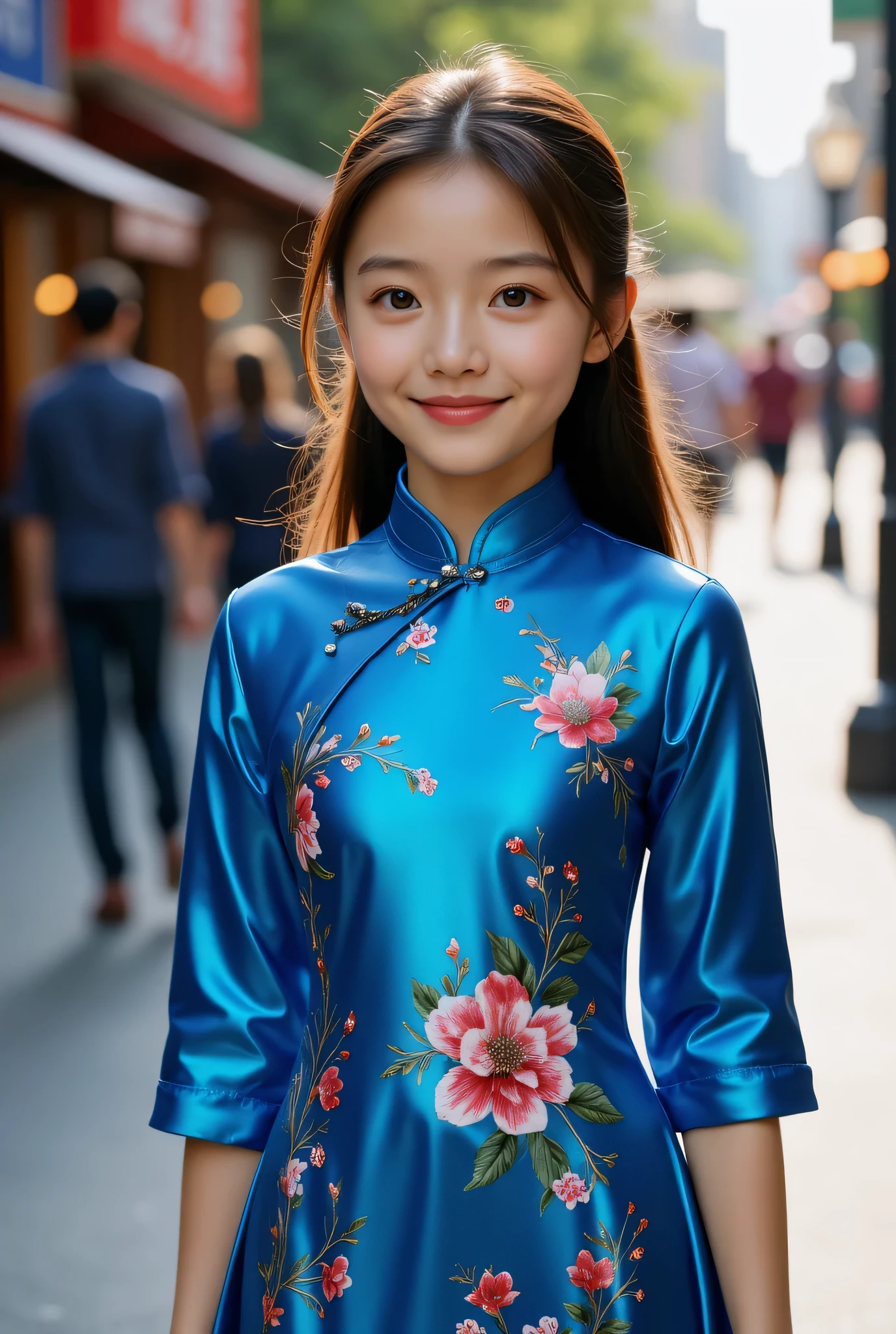 (Very beautiful cute girl), (very cute face:1.2),12 yo, (sparking crystal clear attractive large eyes), beautiful detailed eyes, Detailed double eyelids, (smiling), (realistic photograph:1.2), Super shiny metallic cobalt blue gorgeous long sleeves cheongsam, flowers pattern design cheongsam, Costume lighting,in the street,walking,(costume with smooth and strong reflective surfaces:1.1),(baby face:1.1)