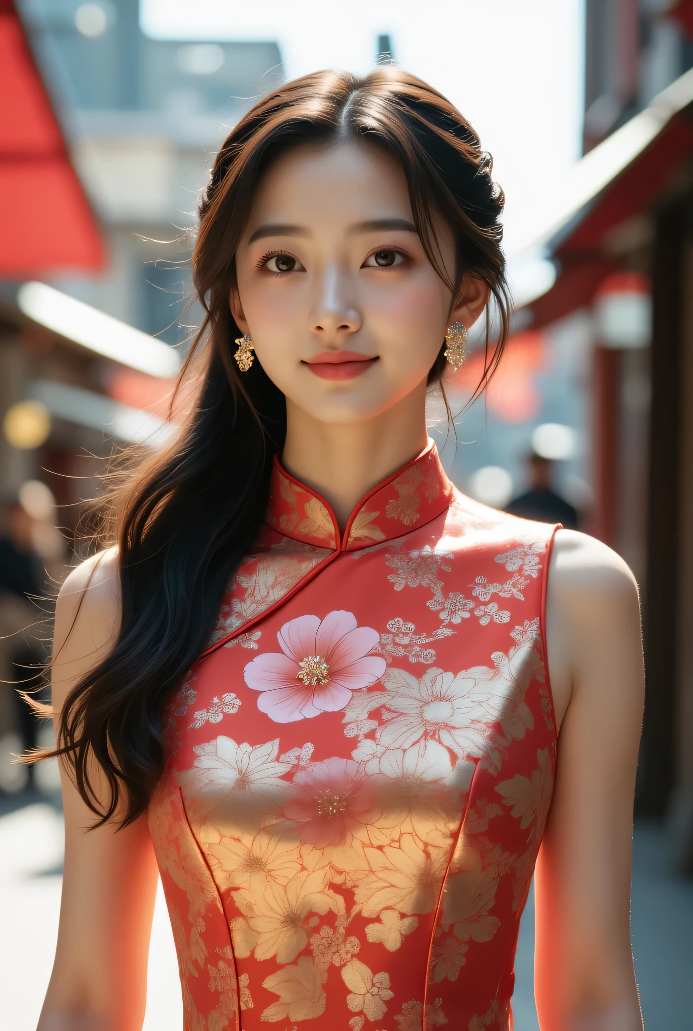 (Very beautiful cute girl), (very cute face:1.2),19 yo, (sparking crystal clear attractive large eyes), beautiful detailed eyes, Detailed double eyelids, (smiling), (realistic photograph:1.2), Super shiny metallic cobalt blue gorgeous long sleeves cheongsam, flowers pattern design cheongsam, Costume lighting,in the street,walking,(costume with smooth and strong reflective surfaces:1.1),(baby face:1.1)