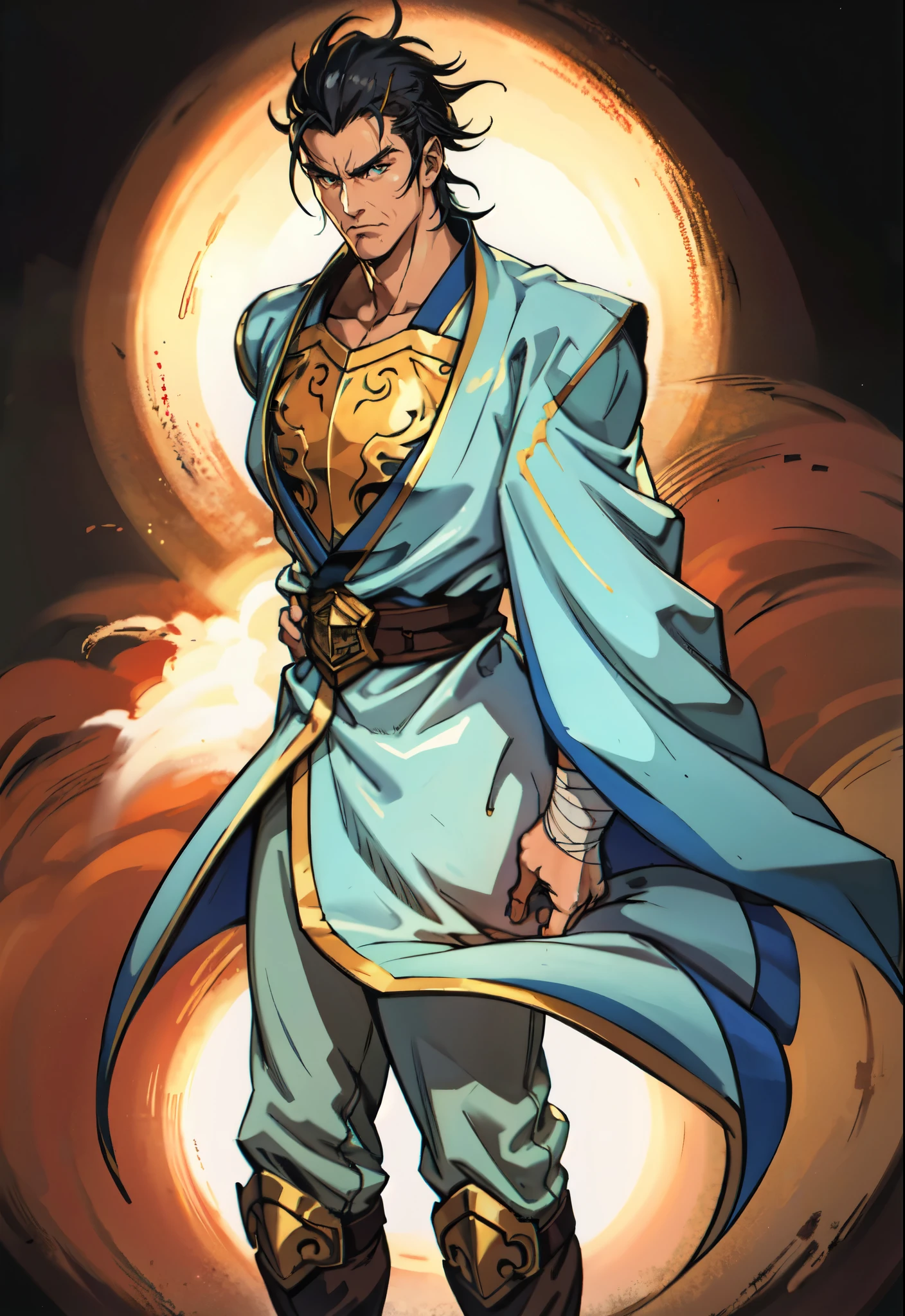 (masterpiece:1.2, best quality:1.2, extremely delicate:1.2), ((male:1.5)), a middle-aged man with spiky blue short hair, mustaches on his upper lip, a dignified long face, wise eyes, a fantasy martial arts-style green half-draped long robe, blue and white armor underneath, a large belt with a dragon-head emblem, his hands are wrapped in bandages, cloth pants, metal knee guards, tall boots, standing on the city wall gazing into the distance, this character embodies a finely crafted fantasy martial arts style general in anime style, exquisite and mature manga art style, dramatic, high definition, highres, ultra-detailed, ultra-fine painting, professional, perfect body proportions, golden ratio, anatomically correct, symmetrical face, extremely detailed eyes and face, high quality eyes, creativity, RAW photo, UHD, 32k, Natural light, cinematic lighting, (masterpiece-anatomy-perfect:1.2)