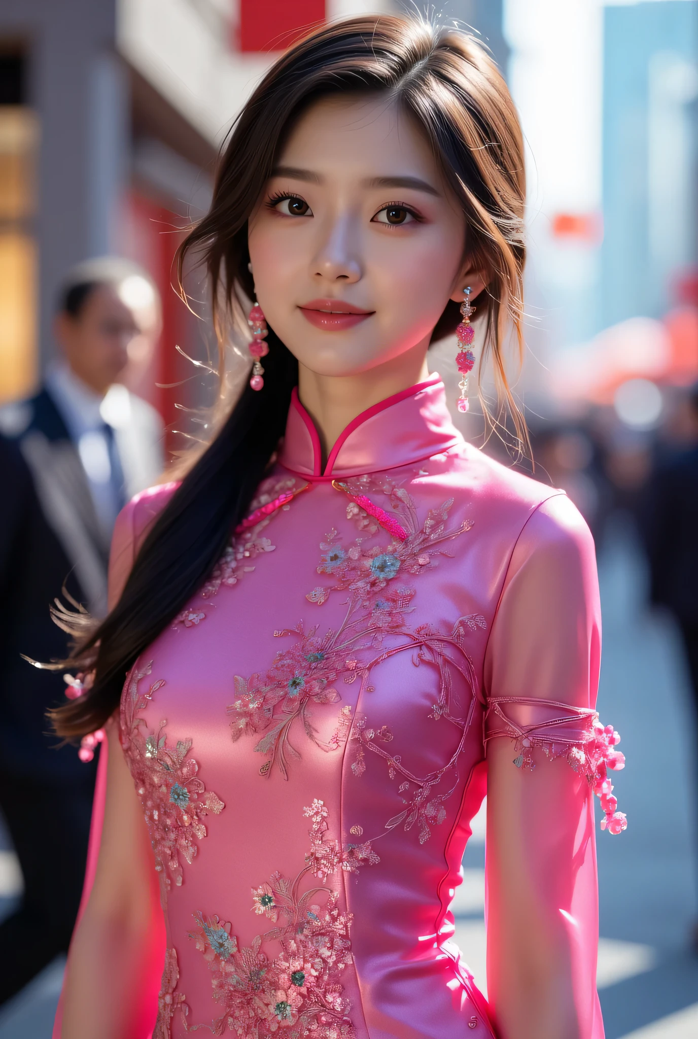 (Very beautiful cute girl), (very cute face:1.2),15 yo, (sparking crystal clear attractive large eyes:1.2), beautiful detailed eyes, Detailed double eyelids, (smiling), (realistic photograph:1.2), Super shiny metallic neon pink gorgeous long sleeves cheongsam, chinese phoenixes pattern design cheongsam, Costume lighting,in the street,walking,(costume with smooth and strong reflective surfaces:1.1),(baby face:1.2)