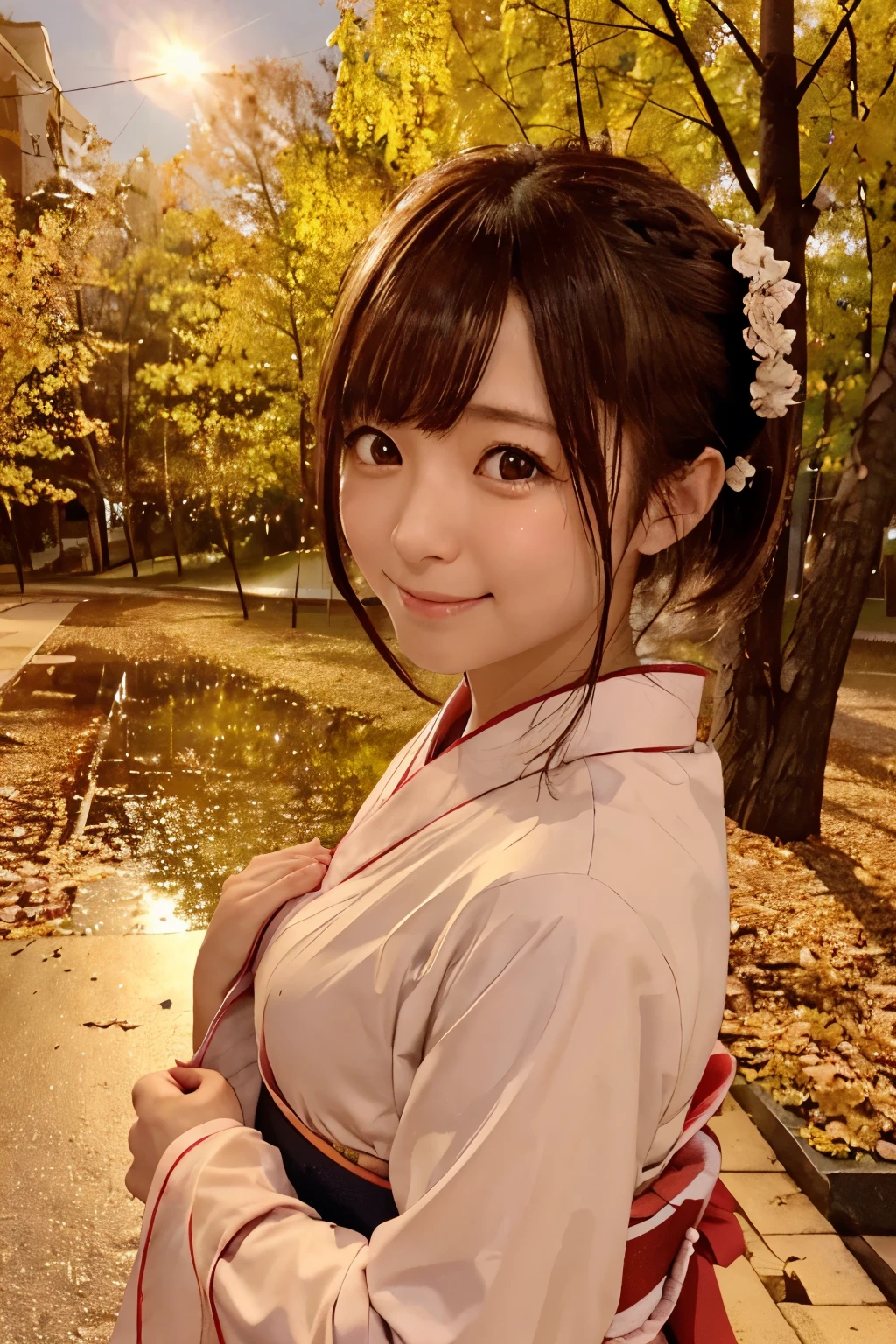 (rondo in autumn winds), 
8k, raw photo, best quality, hires, realistic, photorealistic, extremely detailed 8k wallpaper, beautifully detailed eyes, finely detailed face, 
 break 
professional lighting, 
 break 
light purple dusk:1.2, roads's reflections:1.2, ginkgo trees, 
 break 
perfectly anatomically correct:1.2, 
 break 
1 girl in falling leaves:1.2, kawaii:1.2, very short ponytail hair:1.2, 
(symmetrical clear eyes, chocolate color eyes with captivating reflections, teary eyes), 
wide-set eyes, tareme, moderate eye bags, round face, round chin, embarrassed, blush, white skinned, seventeen, 
brown hair, wet hair, 
open mouth:1.2, melancholy smiling, hands clasping, 
(wearing formaly japanese kimono), 
looking back viewer straightly, 
 break 
[sfw:1.0], 
 break 
low angle shot:1.2, by telephoto lens:1.0, distant view:1.0, dynamic shot, bokeh:1.4