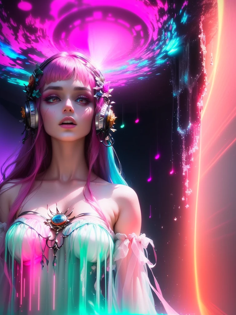 there is a woman standing in front of a waterfall with a pink light, still from a music video, video still, conjuring psychedelic background, music video, youtube video screenshot, a still of an ethereal, resembling a mix of grimes, official music video, video glitch, looks a blend of grimes, real hellscape in background