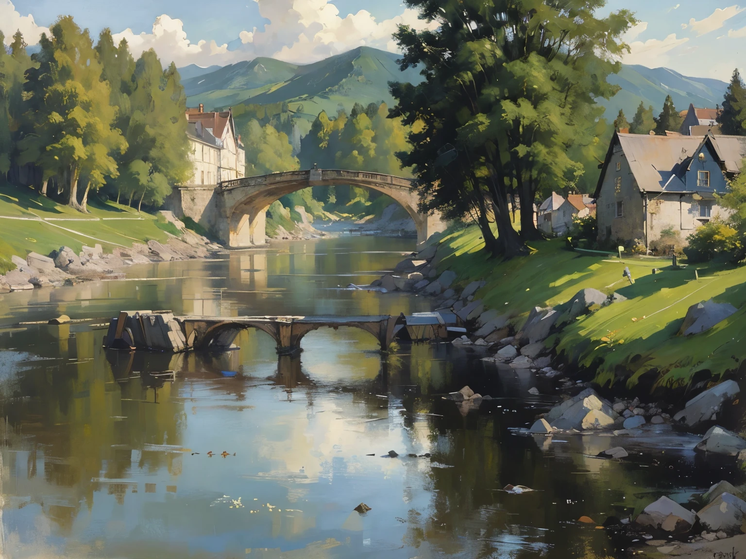 River and bridge、Painting of a landscape with buildings in the background, Peter Francis Diek, Karl Friedrich von Breda, Fritz Thaulow, Henri Alpinier, Luigi Casimir, Eugene Bruns, Henri Viva, Adolf Schroeder, Ernesto Bieler