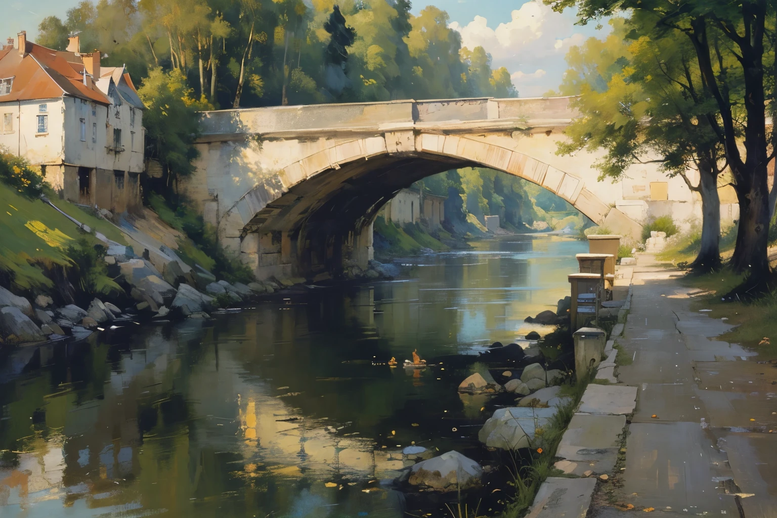 River and bridge、Painting of a landscape with buildings in the background, Peter Francis Diek, Karl Friedrich von Breda, Fritz Thaulow, Henri Alpinier, Luigi Casimir, Eugene Bruns, Henri Viva, Adolf Schroeder, Ernesto Bieler