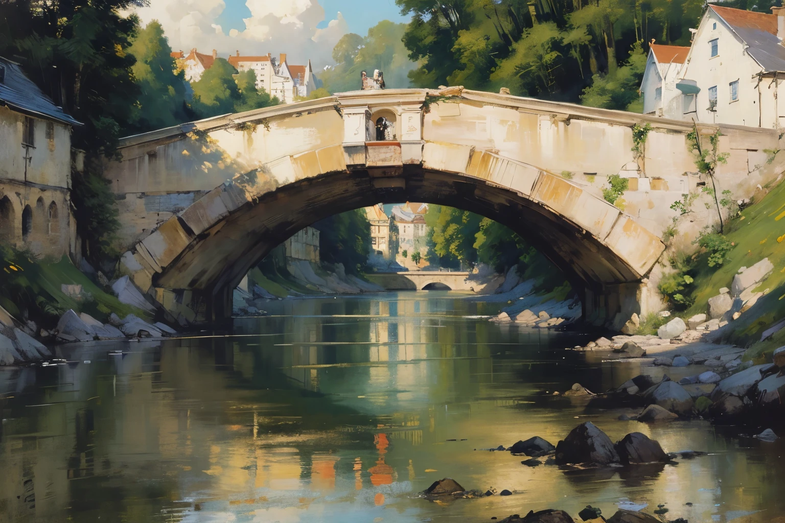 River and bridge、Painting of a landscape with buildings in the background, Peter Francis Diek, Karl Friedrich von Breda, Fritz Thaulow, Henri Alpinier, Luigi Casimir, Eugene Bruns, Henri Viva, Adolf Schroeder, Ernesto Bieler