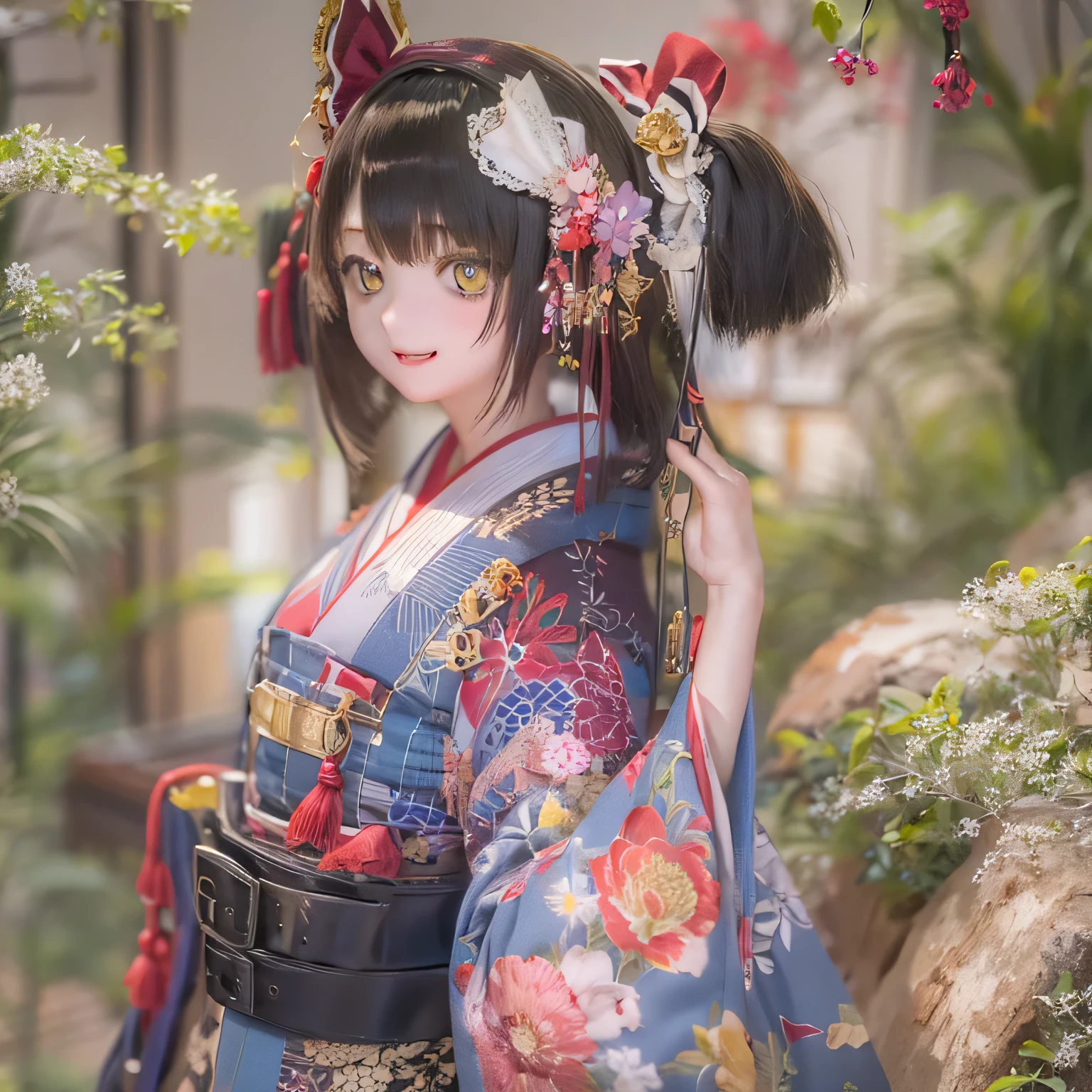 (Best Quality,High resolution,masterpiece:1.2),Very detailed,Realistic,(Me in a kimono,Beautiful details,Beautiful lip detail,Very detailed目と顔,Long eyelashes),Traditional Japanese,geisha,hairpin,Delicate embroidery,Floral,Sleeves flow,Harmonious colors,Soft Lighting、Smiling face with a fan、Bobcut、Black Hair、(((High wooden clogs)))