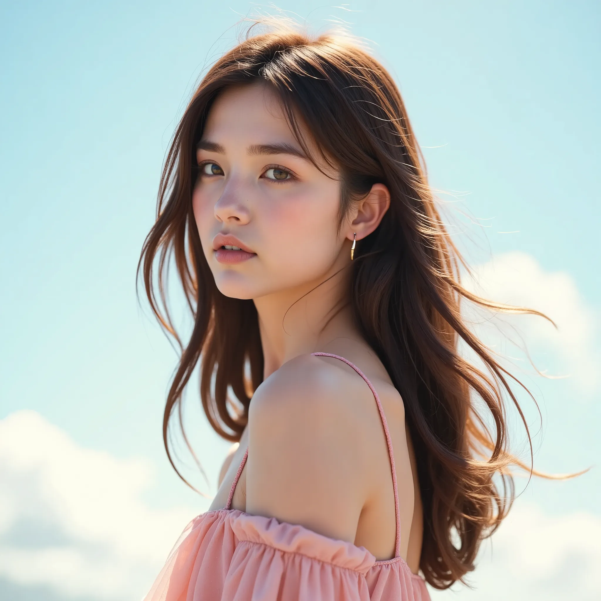 a photorealistic image of a young woman with long, wavy brown hair flowing in the breeze, wearing a light pink, delicate dress. ...