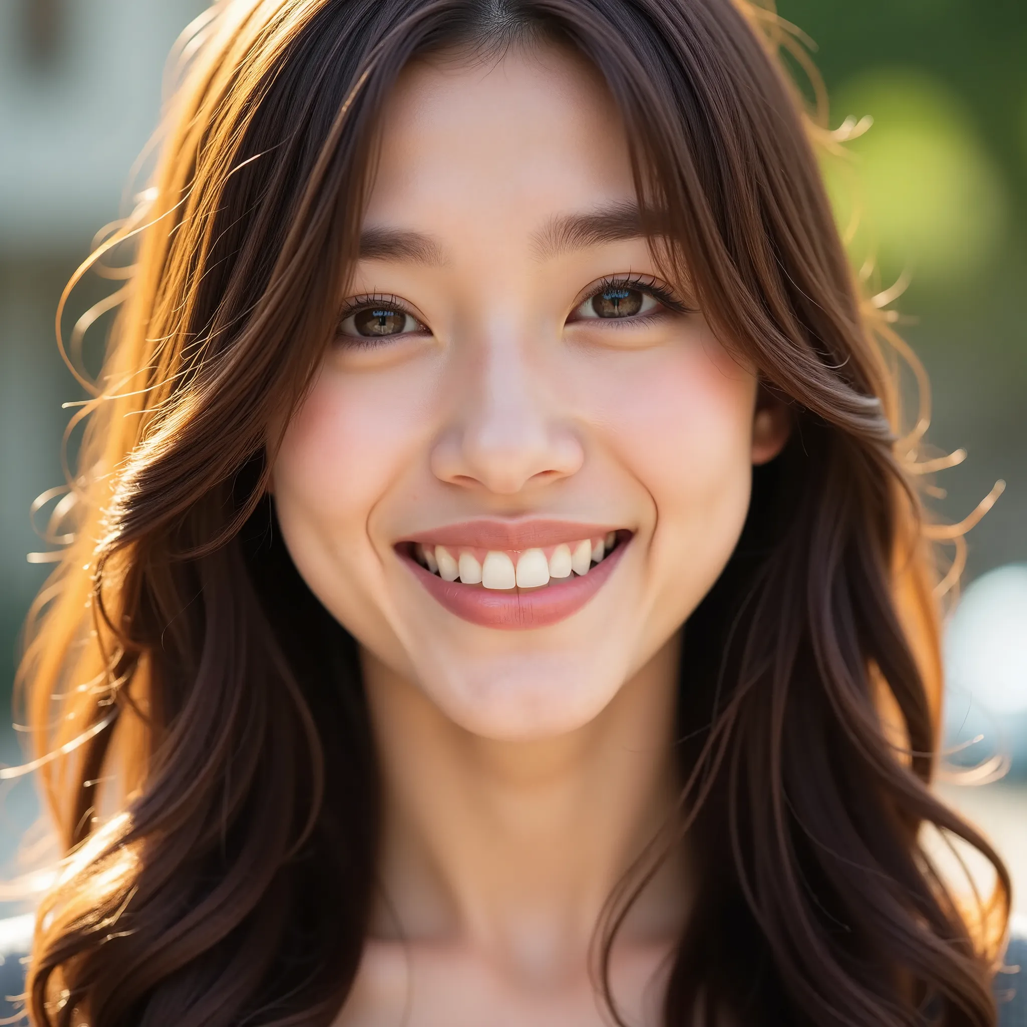 a close-up portrait photo of a young east-asian woman with long, wavy brown hair, smiling brightly with a full, radiant smile. h...