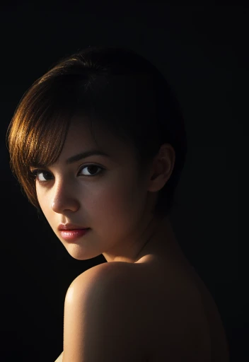 Best quality, masterpiece, ultra high res, (photorealistic:1.5), raw photo, 1girl, offshoulder, in the dark, deep shadow, low key, cold light, sexy look, short hair,