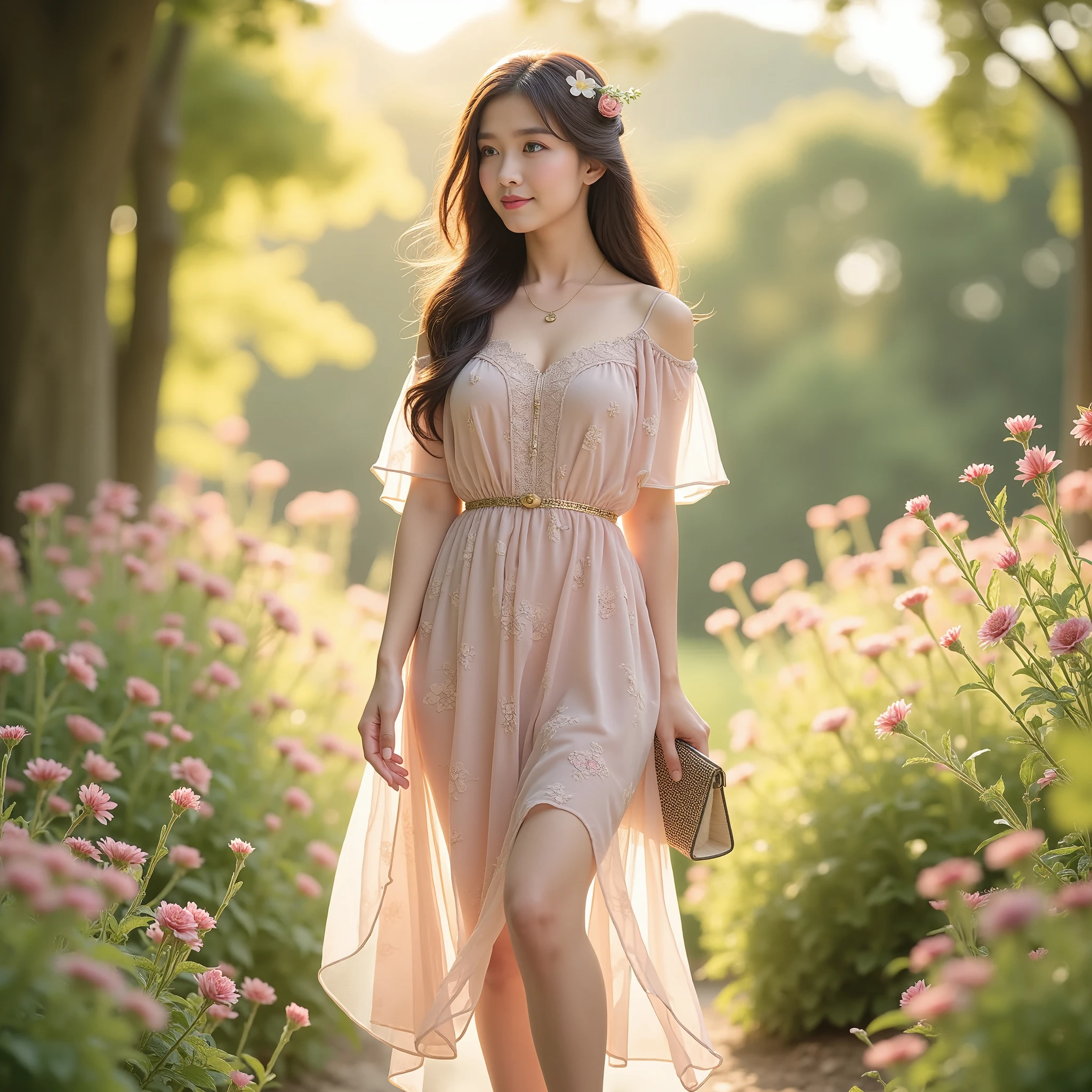 A graceful asian woman standing in a dreamy, softly lit garden filled with blooming flowers and delicate greenery, embodying the essence of romantic fashion. She is dressed in a flowing, knee-length dress made of light chiffon, featuring a subtle floral print in pastel shades of pink, lavender, and cream. The dress has delicate lace detailing along the neckline and fluttery sleeves, adding a touch of femininity and elegance.

Her waist is cinched with a thin, matching fabric belt, accentuating her silhouette while allowing the skirt to drape beautifully. She wears soft, strappy sandals that complement the lightness of her outfit, enhancing her ethereal look.

Her hair cascades in loose, romantic waves, adorned with a few small fresh flowers, giving her an enchanting, boho-chic vibe. She carries a small, intricately designed clutch, perhaps with floral embroidery, which adds to her whimsical aesthetic.

The background is a picturesque garden with soft, golden sunlight filtering through the trees, creating a warm and inviting atmosphere. The overall scene captures a sense of romance and nostalgia, as she radiates warmth and charm, perfectly embodying the romantic style with her delicate and dreamy outfit