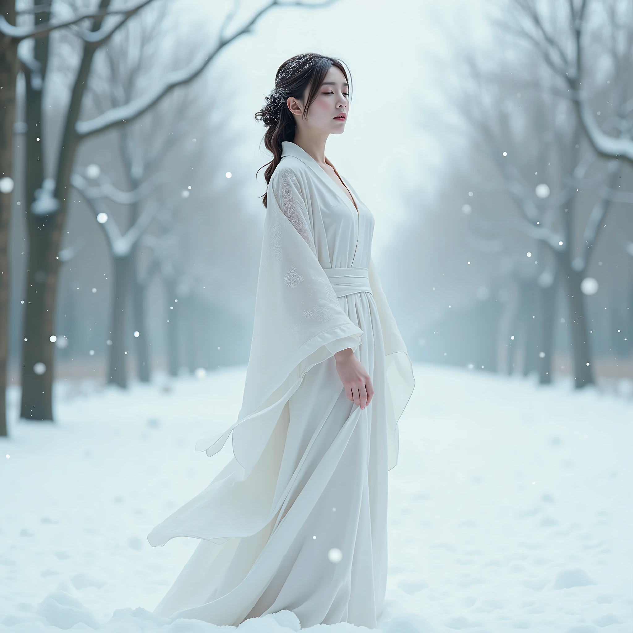 A Mesmerizing Image of a Woman in a White Yukata, Dissolving into the Snow:

Main Focus: A serene and ethereal figure of a woman wearing a flowing white yukata, gracefully standing in a snow-covered landscape. Her form appears to be slowly dissolving into the falling snow, as if she is becoming one with the winter surroundings. The subtle transition between her body and the snow creates a delicate balance between reality and dream.

Visual Details: The woman’s yukata has intricate, yet faint patterns, barely visible against the white snow, adding to the sense of her merging with the environment. Her posture is peaceful, and her expression is calm, as if she is embracing the cold serenity of the scene. The snowflakes around her are lightly touching her form, causing the edges of her body to blur into the wintry air.

Background Setting: The scene takes place in a quiet, snow-filled forest or an open field, where soft snow blankets the ground and trees. Snow continues to gently fall from the sky, adding to the mystical ambiance. The only light comes from the pale, overcast sky, creating a soft, diffused glow that enhances the otherworldly atmosphere.

Artistic Techniques: The image should combine multiple styles, blending realism with surreal, dreamy qualities. 3D rendering captures the details of the snow and the woman’s figure, while the painting technique emphasizes the softness of her transition into the snow. The colors are subtle and pale, with the primary focus on shades of white, silver, and light blue to evoke a feeling of cold, peaceful dissolution.