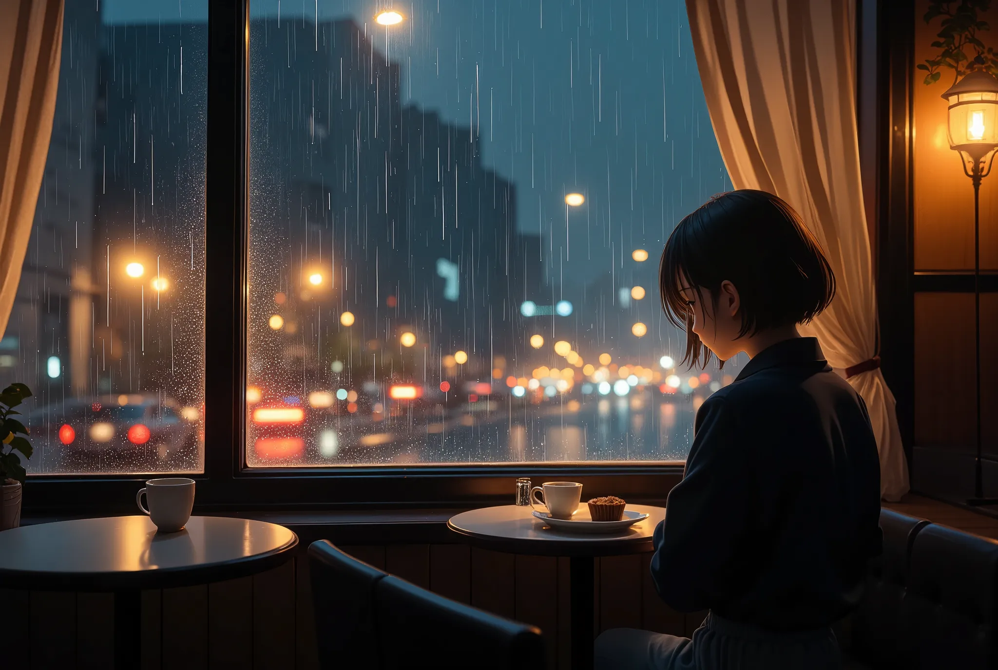 chill, lo-fi, 1girl\(sitting,listlessly looking out window\) is in a cozy retro cafe, outside window is heavy rain and city ligh...