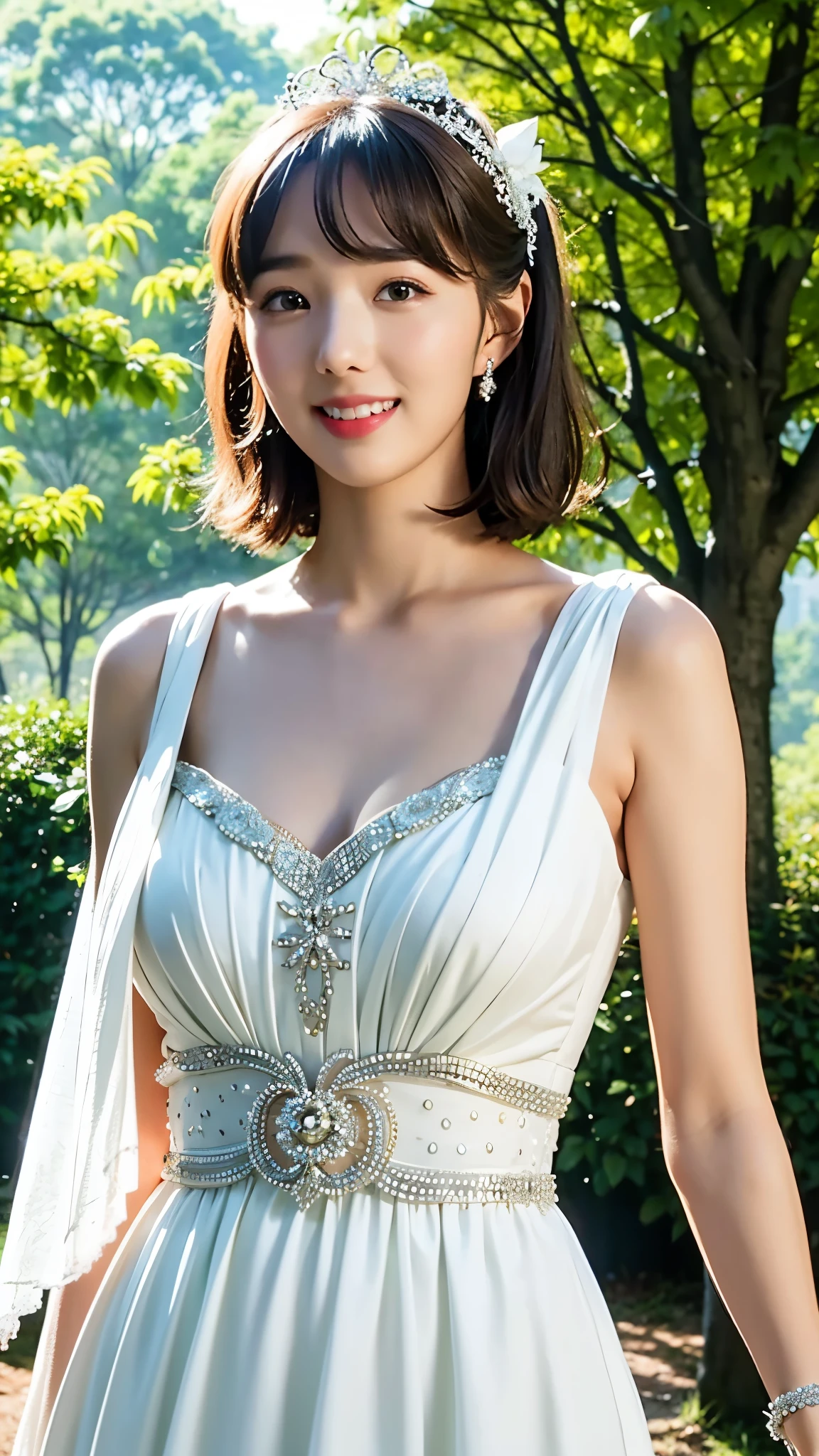 "Create an image of a cheerful female model in a stylish crop wedding dress that elegantly reveals her shoulders. She has short bangs and a bright, happy expression. The setting is a serene outdoor forest, with dappled sunlight filtering through the trees, creating a magical atmosphere." she have very small breasts, show cleavage, short hairstyle


