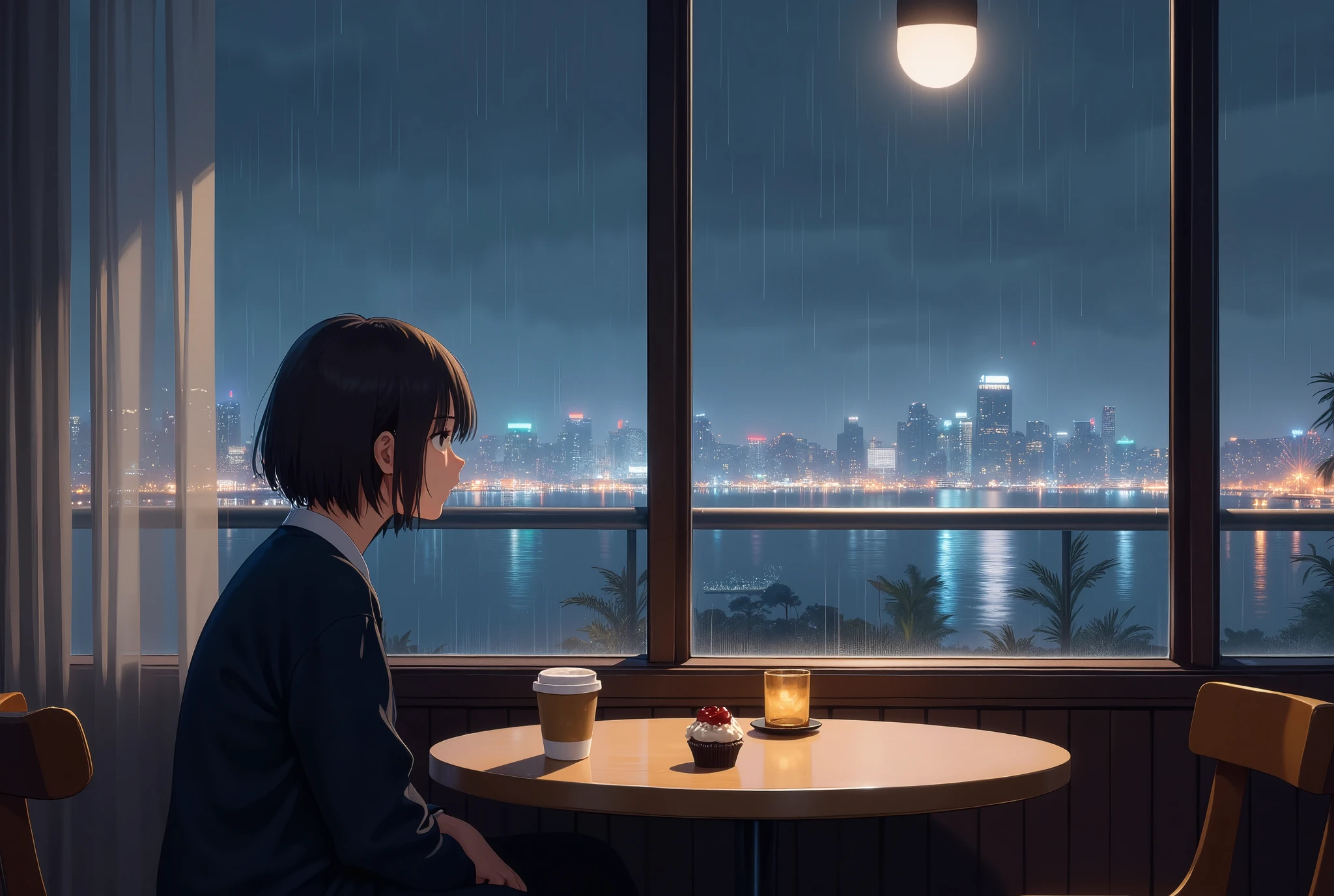 anime style, chill, lo-fi, 1girl\(sitting,listlessly looking out window\) is in a cozy retro cafe, outside window is heavy rain and city lights visible but dark,window reflecting the girl's figure, coffee and muffin on table, warm lighting inside the cafe, transparent curtain, wide angle of view, landscape, panoramic view