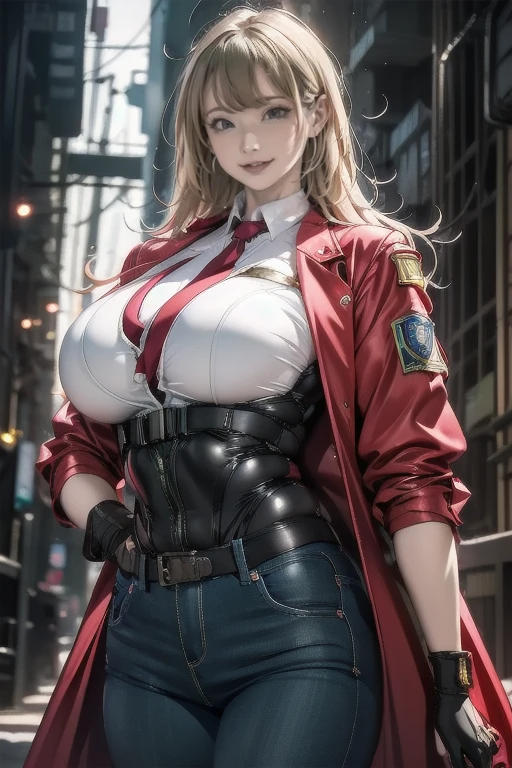 Natlp portrait of beautiful female model., Georgia Fowler, Beautiful Face, Long green hair, Daytime in Cyberpunk City. She is wearing a red long coat., Jeans Negros, Dramatic lighting, (Police Badge:1.2)