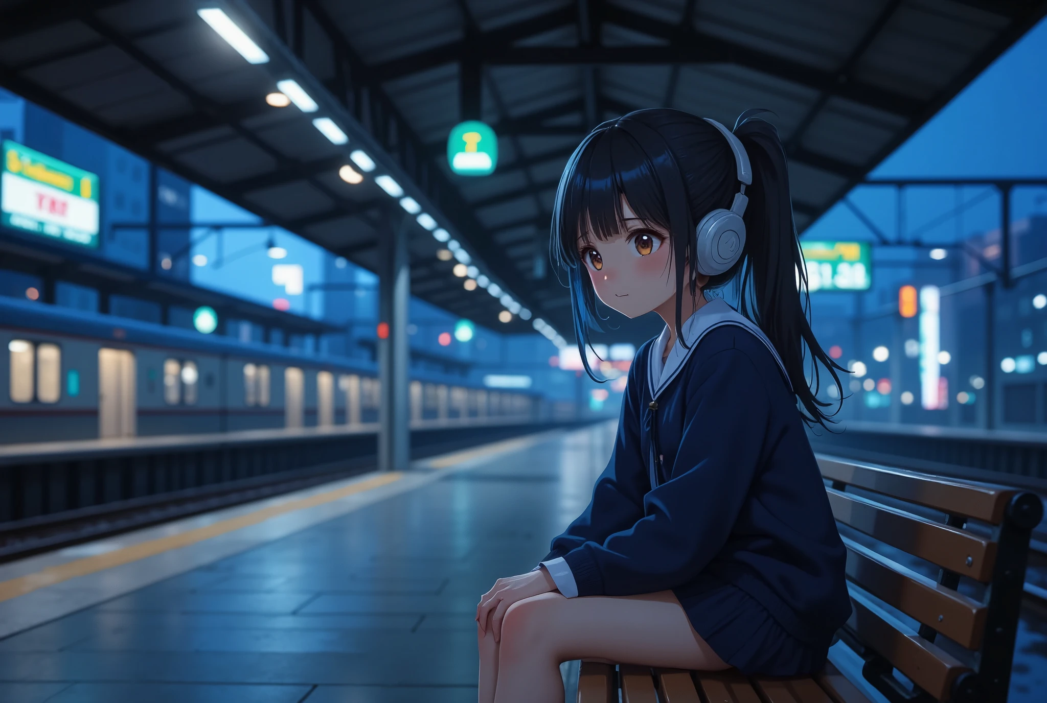 1girl\(cute, kawaii, small kid, black hair with blue underneath, pony tail hair, long hair, brown eyes, big eyes, sitting on a bench, waiting for train, headphone, JK, highschool student, looking away, boring\), midnight trainstation in japan, camera view from above, wide angle lends, landscape, panoramic lends, anime style, cinematic,