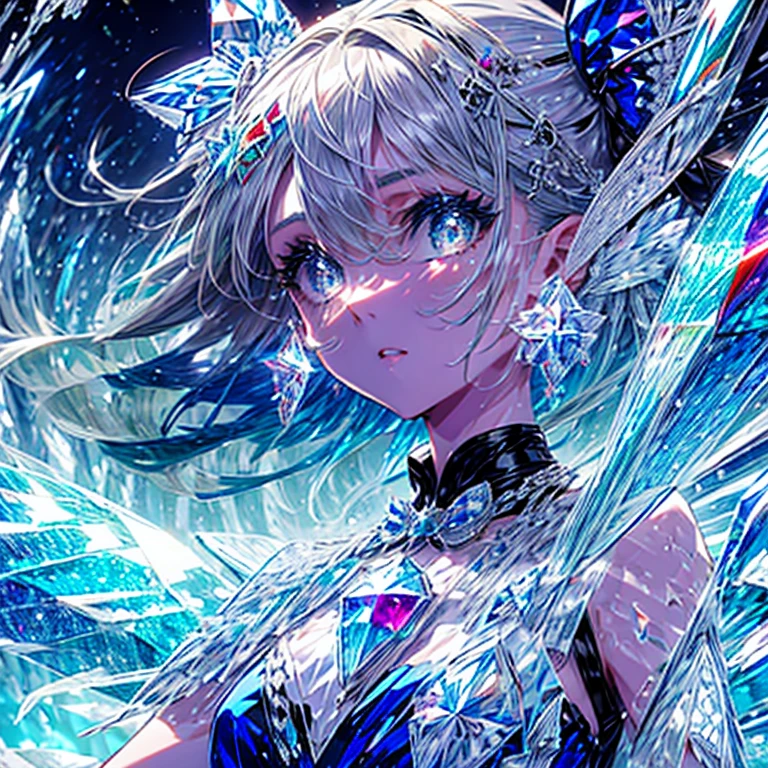 (1girl,cirno),crystal, blue hair, hair bow, blue dress, short sleeves, ice wings, red bowtie, gem,sparkle, star \(symbol\), crystal girl,Abstract,centcontrapposto,insanely detailed,ultra highres,masterpiece,8K,super detailed skin, (detailed beautiful face and eyes),very detailed background,elaborately designed clothes,beautiful artwork, detailed eyes, detailed clothes, detailed body, detailed hands, detailed hair,