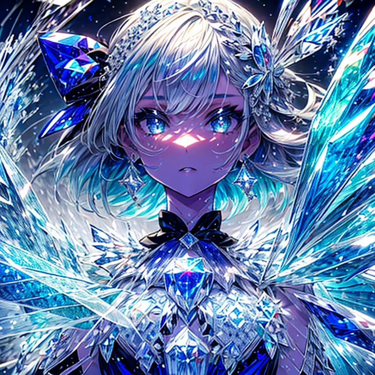 (1girl,cirno),crystal, blue hair, hair bow, blue dress, short sleeves, ice wings, red bowtie, gem,sparkle, star \(symbol\), crystal girl,Abstract,centcontrapposto,insanely detailed,ultra highres,masterpiece,8K,super detailed skin, (detailed beautiful face and eyes),very detailed background,elaborately designed clothes,beautiful artwork, detailed eyes, detailed clothes, detailed body, detailed hands, detailed hair,