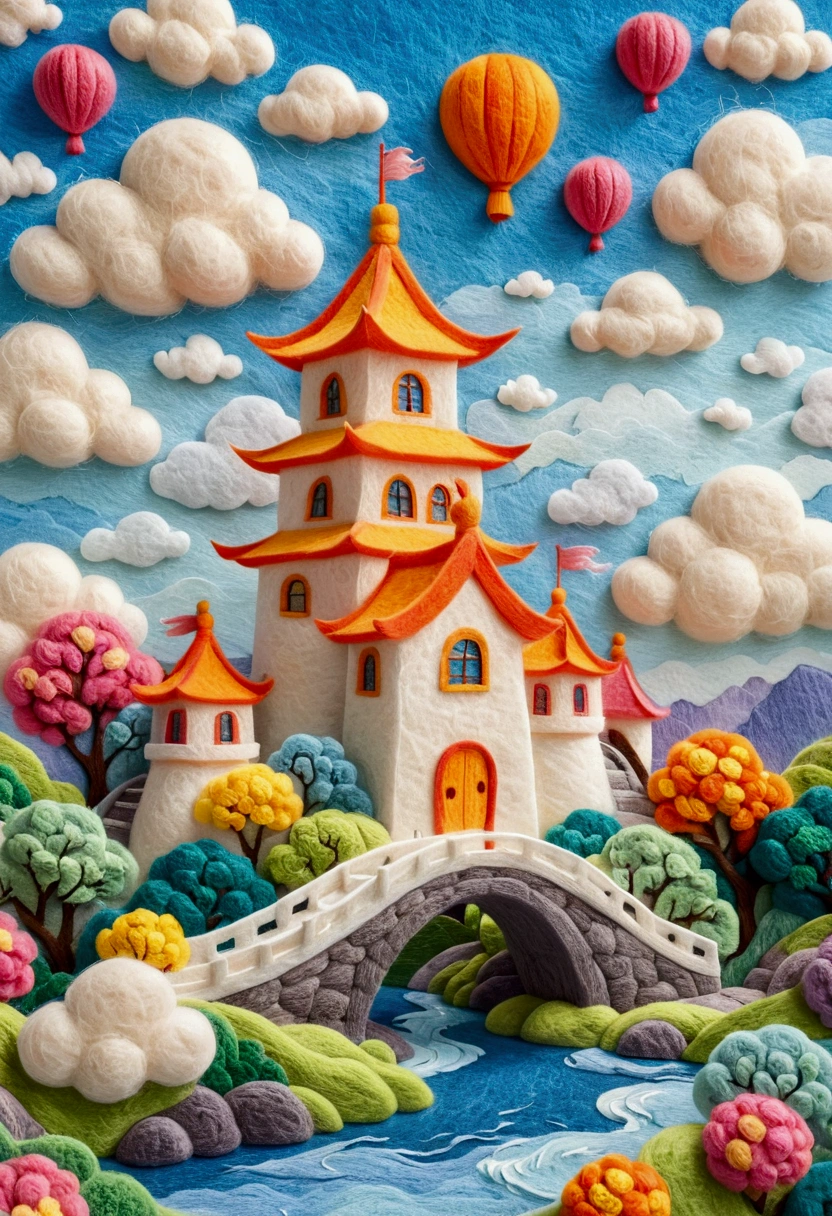 very strong felt style:1.59.A painting depicting a Chinese castle，Pop 3D Ultra Detailed
