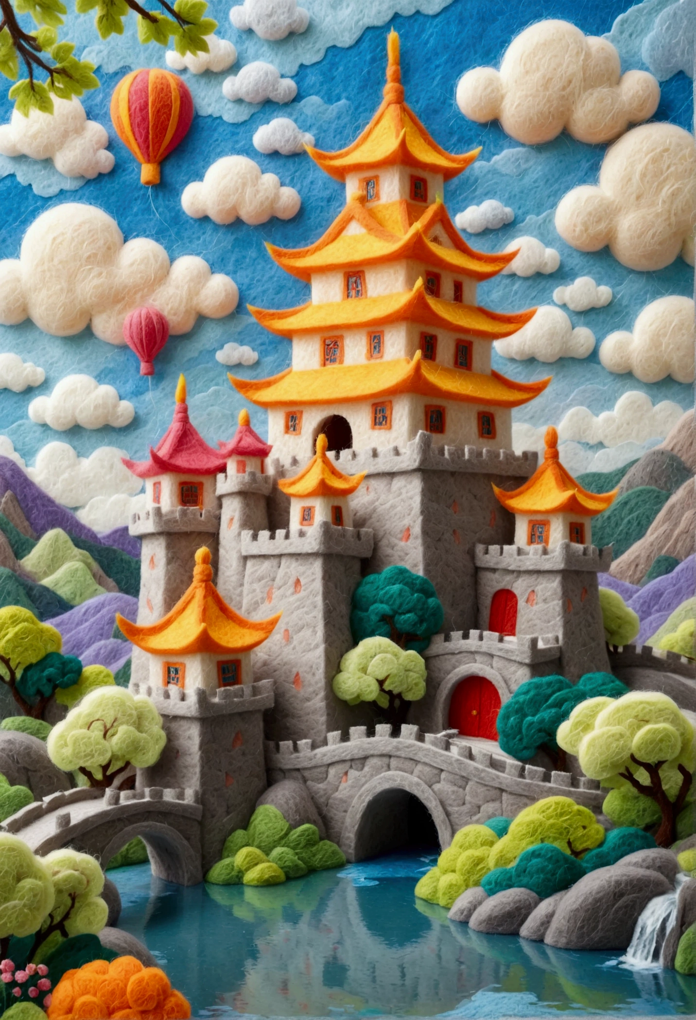 very strong felt style:1.59.A painting depicting a Chinese castle，Pop 3D Ultra Detailed
