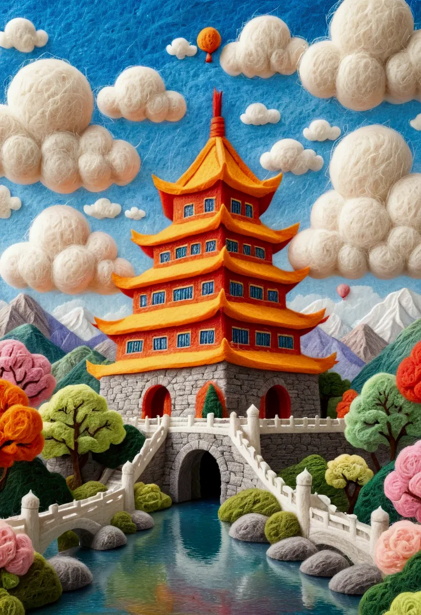 very strong felt style:1.59.a painting depicting a chinese castle，pop 3d ultra detailed