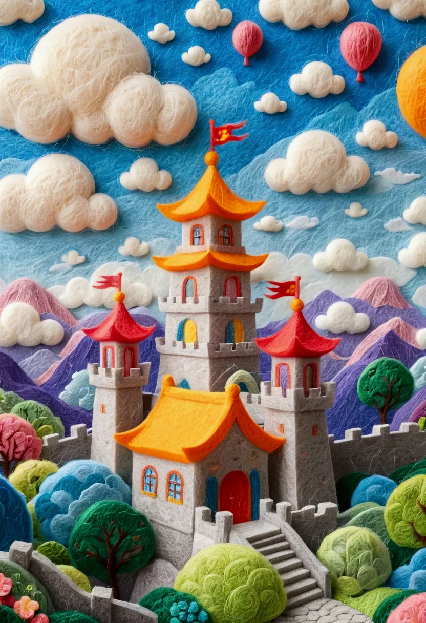 very strong felt style:1.59.a painting depicting a chinese castle，pop 3d ultra detailed