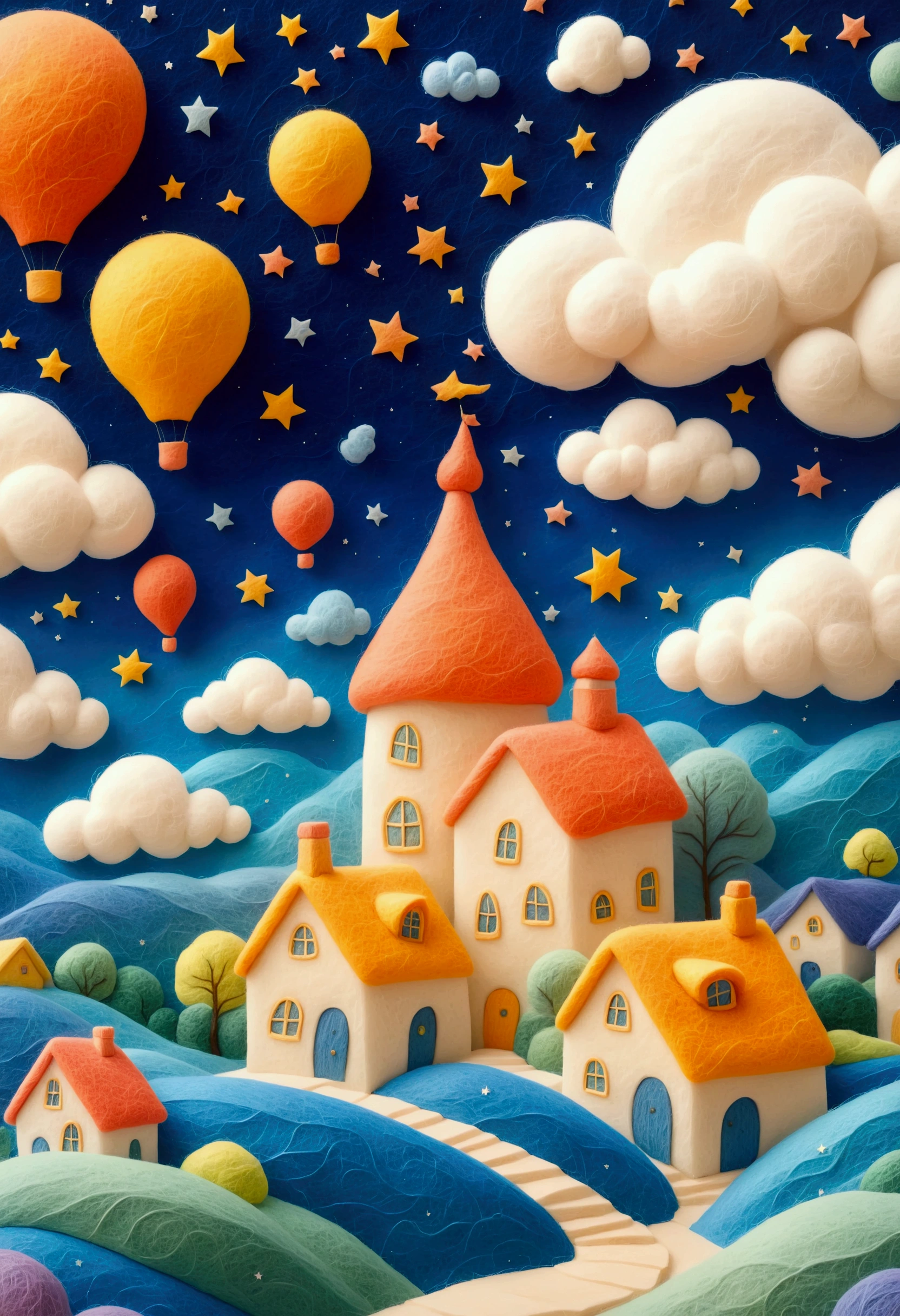 very strong felt style:1.59.a painting on blue paper showing a starry sky and a village, in the style of art nouveau organic flowing lines, futuristic chromatic waves, intricate and bizarre illustrations, swirling vortexes, detailed character illustrations, colorful turbulence, high resolution