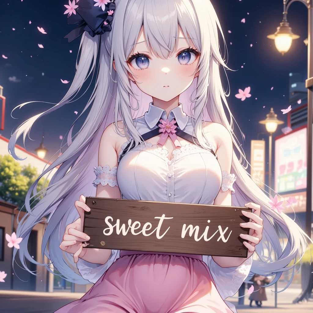 Japanese anime, One girl, solo, night , having a sign written"Sweet Mix"