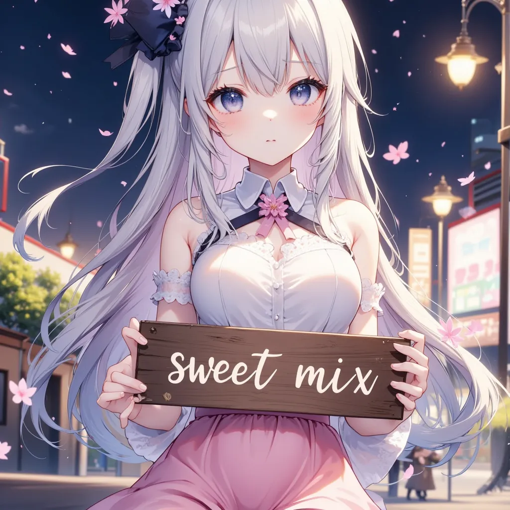 japanese anime, one girl, solo, night , having a sign written"sweet mix"