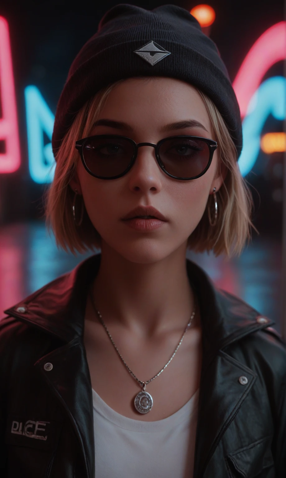 score_9, score_8_up, score_7_up, face close up, alternative girl, watching over black sunglasses, jacket, necklace, neon light reflections on skin, ear ring, makeup, skin imperfection, short hair, beanie, neon lights background, low light, depth of field, highly detailed, high contrast, film grain, Rim Lighting, Long Exposure, DSLR