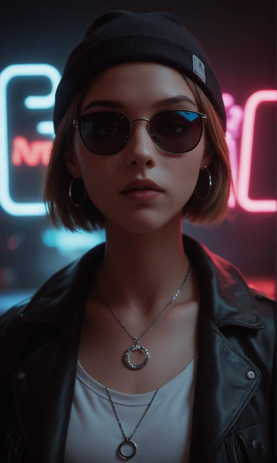 score_9, score_8_up, score_7_up, face close up, alternative girl, watching over black sunglasses, jacket, necklace, neon light reflections on skin, ear ring, makeup, skin imperfection, short hair, beanie, neon lights background, low light, depth of field, highly detailed, high contrast, film grain, Rim Lighting, Long Exposure, DSLR