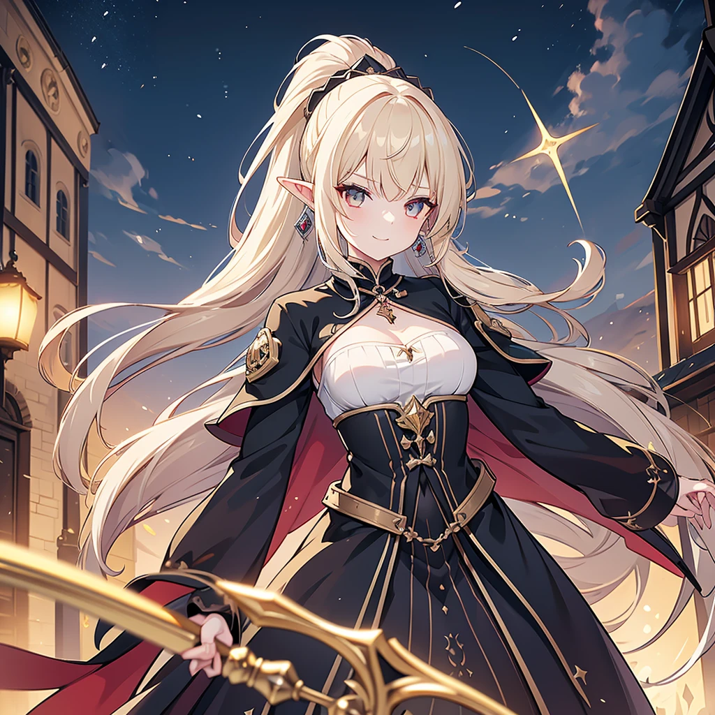 Eye patch、Witch costume、elf、grimoire、magic circle、Long Hair, chest, Blonde, ponytail, Pointy Ears, best quality, Snap your fingers、One Woman, Detailed face, Soft Lighting, Soft Light, Soft Focus, Perfect Face, Beautiful and accurate anatomy, Expose too much, 8k, 4K, (High resolution:1.1), Best Quality, (masterpiece:1.3), One girl, alone, jewelry, brown eyesSee viewers, Earrings on only one ear、Beautiful woman、Medieval streetscape、Night view、Shining magic circle、Arms crossed、Black clothes、A fearless smile、Intimidating look、Deep slit、Double teeth