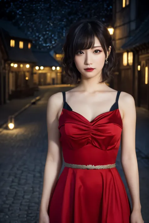 1 girl, (she is wearing a red dress:1.2), (gothic makeup), portrait of a very cute japanese symphonic metal singer, (raw photo b...