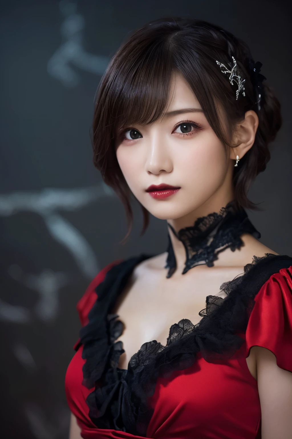 1 girl, (She is wearing a red dress:1.2), (Gothic Makeup), Portrait of a very cute Japanese symphonic metal singer, (RAW Photo Best Quality), (Realistic, Realistic:1.4), (masterpiece), 
Very delicate and beautiful, Very detailed, 2k wallpaper, wonderful, finely, Very detailed CG Unity 8K wallpaper, Very detailed, High resolution, Soft light, 
Beautiful detailed girl, Very detailed目と顔, A beautiful and elegant nose, Beautiful beautiful eyes, Cinema Lighting, 
(She stands in an empty medieval town:1.3), (Night Sky, milky way), (Girl full body silhouette:1.2), (Dark screen:1.5), (I am so lonely),
(short hair), (Messy Hair), 
Perfect Anatomy, Slender body, Small breasts