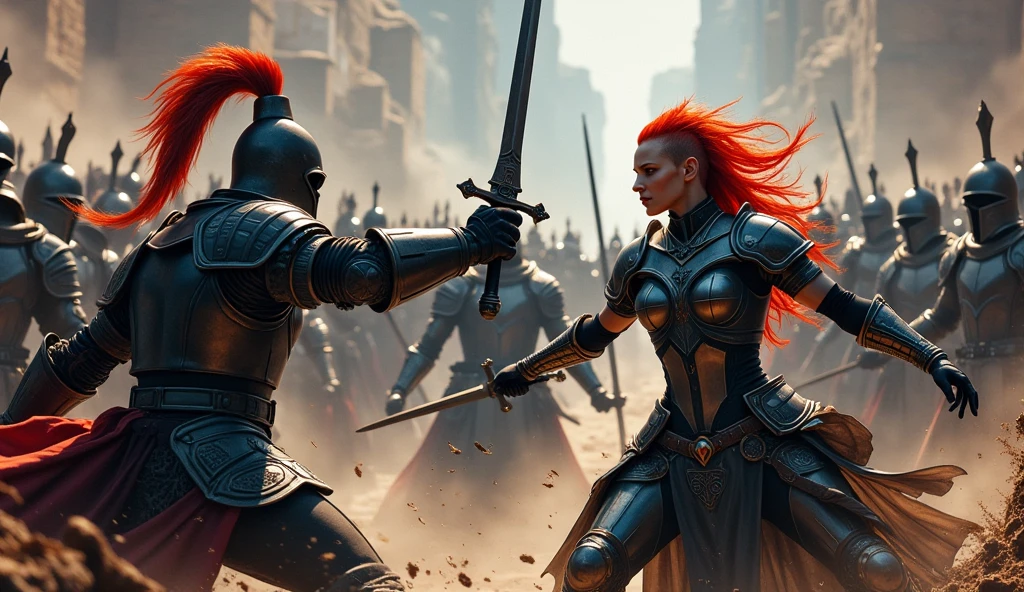 Dark fantasy, horror, panoramic view, dueal scene, a woman barbarian with a mohawk hairstyle, redhead, wearing a minimal leather suit, holding a sword in one hand and a dagger in the second hand, fight with enemy knight who hold sword and shield, dynamic action, fast sword cutting, motion blur, dynamic cinematic shot, barbarian army on background stand around and look on the fight, detailed fantasy movie poster, wide angle showing full body of fighting people, mud, dust, dirts, immersive background, toned color palette, (best quality,4k,8k,highres,masterpiece:1.2),ultra-detailed,(realistic,photorealistic,photo-realistic:1.37),HDR,studio lighting,extremely detailed description,professional,Dark fantasy, moody, concept art, 