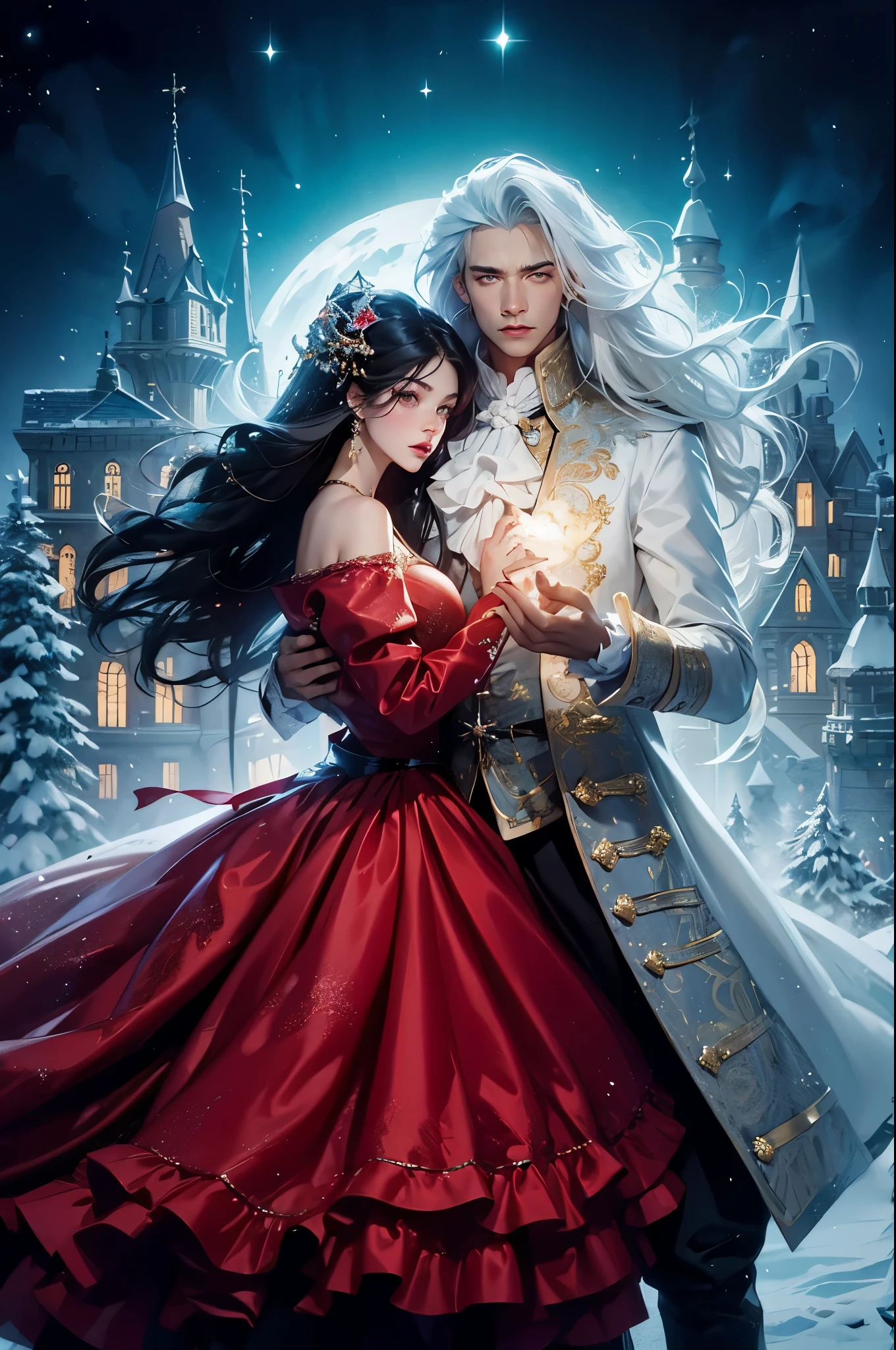 HI-REZ complementary color scheme, loving couple, handsome brutal man 3 stands full height, long WHITE straight hair, Victorian clothes, holds magic in hand PASSIONATELY HUGS GIRL, BLACK hair RED silk ULTRAMIRROR GLOSSING LUXURY GOWN, on a fantastic background castle, particles of magic in the air, mystical atmosphere, full of mysteries, ultra-detailed, textured, bright, shine, glare, beautiful hands fingers, perfect IDEAL SILK ULTRAGLOSSING HAIR, BRIGHT COLORS