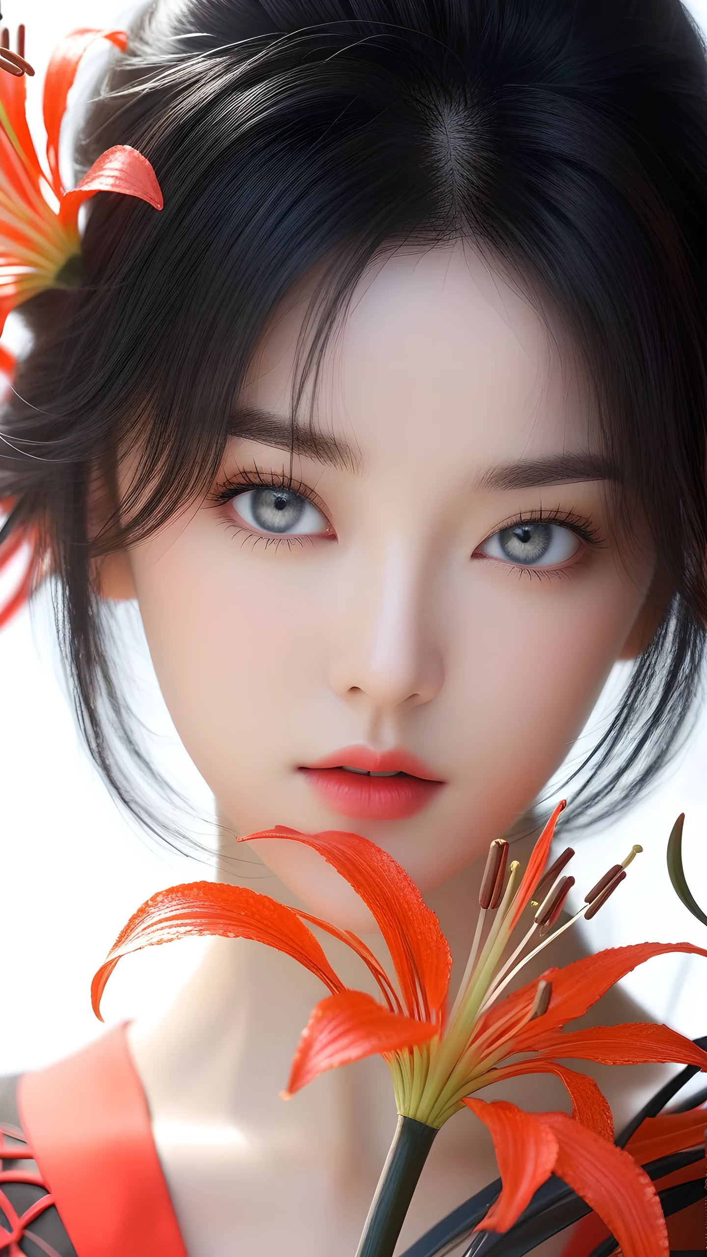 (Top resolution、Distinct_image)top-quality、FEMALES、​masterpiece、ighly detailed、Semi-realistic、Black  hair、Dark hair、grey  eyes、bangss、25-years old、Mature、young、Exquisite facial features、Facial features,closing eye, red spider lily