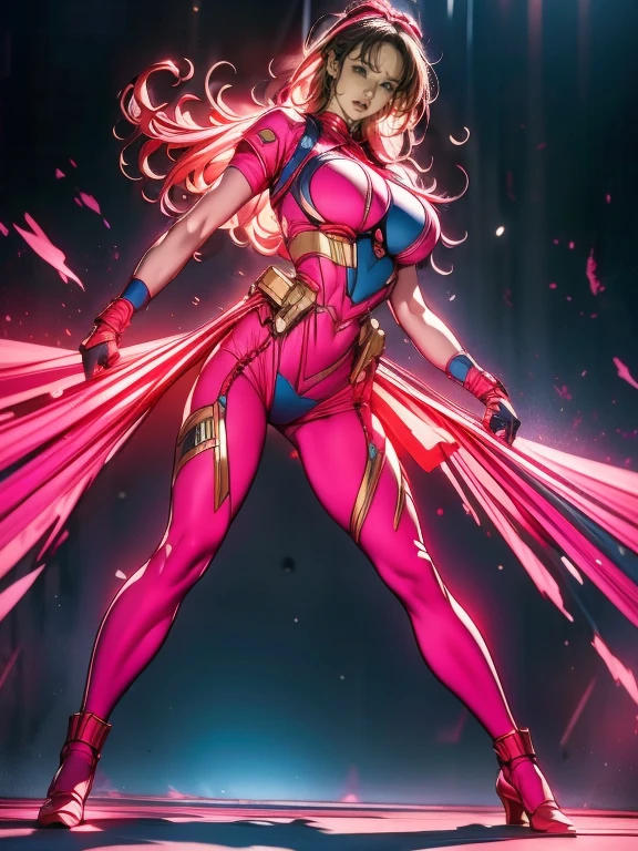 Full Body Shot, Very detailed, The costume colors were inspired by Gundam.、8k, Actual Photos, impressive lighting, Dynamic action poses, Great energy effect, Red and pink color palette, Simple costume design, advanced technology, Heroic and powerful, With a large waterfall in the background、standing。