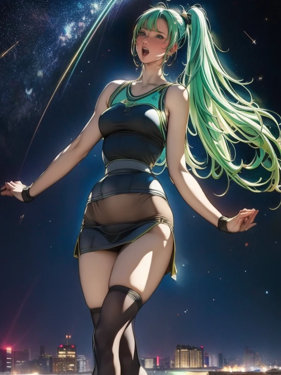 masterpiece, 【FHD, grassland, girl, happy, Laughing, walk, Staring at the viewer, Side Ponytail, Aqua Hair, Brown eyes, Pale skin, Tall, slender, Tank top, Knee socks, 20 years old, Japanese, White background, Surrounded by stars and meteor showers, At night, beautiful, Realistic photos