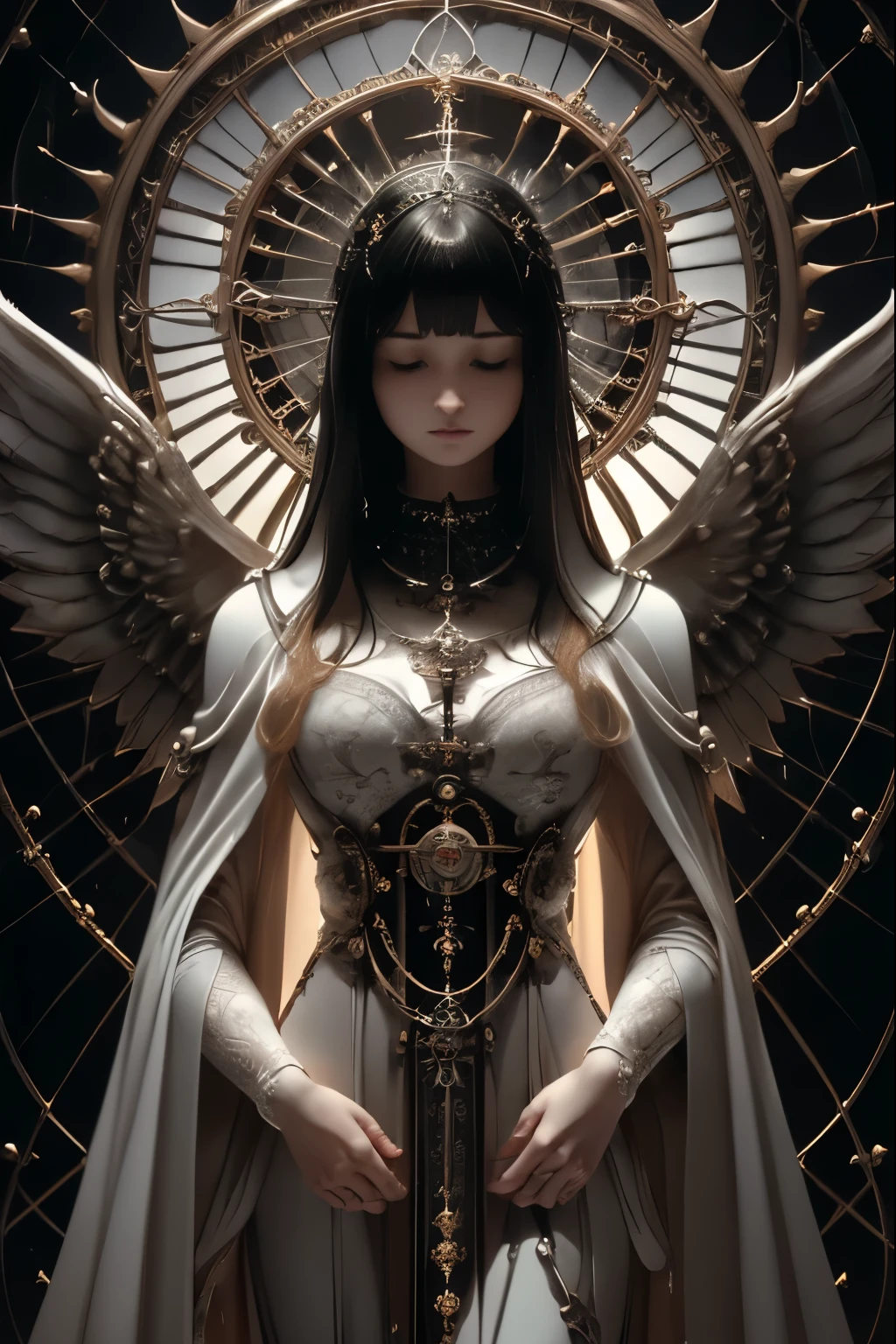 ((Best Quality、8k、masterpiece:1.3))，((Gothic Punk Angel、Prayer Pose))、The image color is white.、Japanese Maiden，((Full body portrait)),Best image quality，Ultra Clear，The facial features are delicate and well defined，Exquisite detail，(Camel Toe)、Slim body、Small breasts、Small Ass、Upright pose、Black Hair、Bob Style、Trimmed bangs、masterpiece、Surreal、Anatomical、Facial muscles、elegant、Beautiful background、Octane Rendering,Cathedral